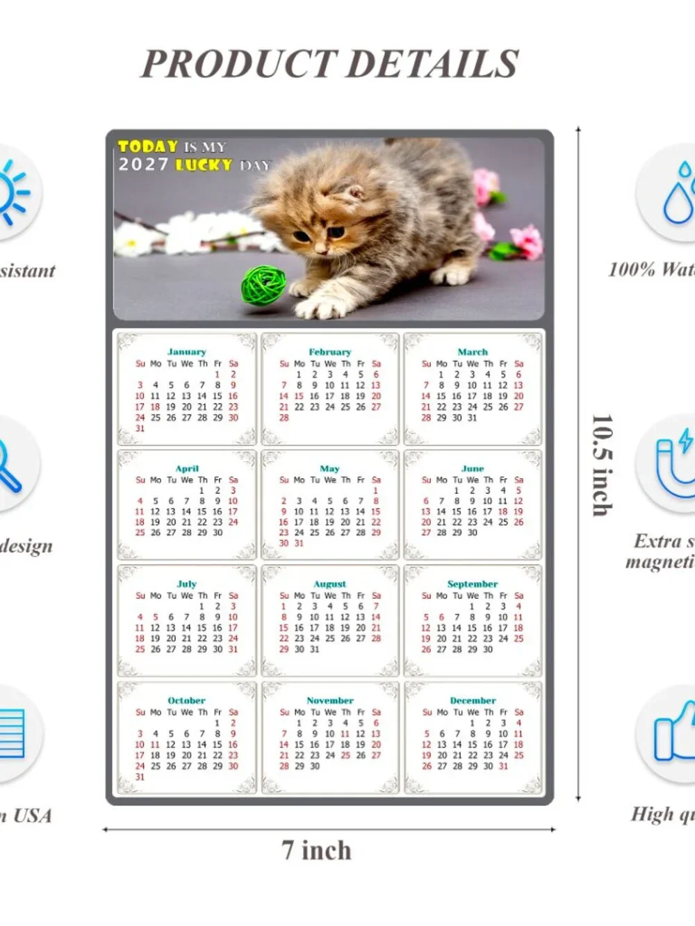 2027 Magnetic Calendar - Today is my Lucky Day - Cat Themed 017 (7 x 10.5)
